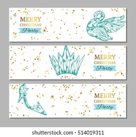 Merry Christmas banners with collection of ice figures . Vector illustration. Isolated objects