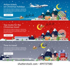 Merry Christmas banners in flat style. Traveling by plane, bus and train. A small town in mountains. The winter vacation. Mountains, buildings, trees and snow. Christmas travel vector illustration