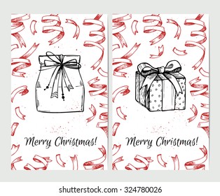 Merry Christmas banners with gift boxes and confetti. Hand drawn vector illustration