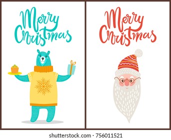 Merry Christmas, banners with headlines and images of bear with cake and present and Santa Claus wearing glasses and red hat, vector illustration