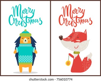 Merry Christmas, banners with hedgehog wearing green hat and blue knitted sweater and fox with scarf playing game and smiling on vector illustration