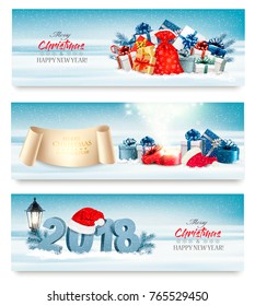 Merry Christmas Banners with magic box and presents. Vector