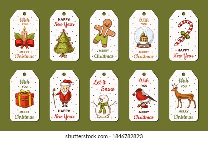Merry Christmas banners. New Year cards, poster templates. Snowman and tree, candle deer and candy cane, Santa Claus. Flyer or labels for gifts.. Engraved hand drawn sketch in vintage style