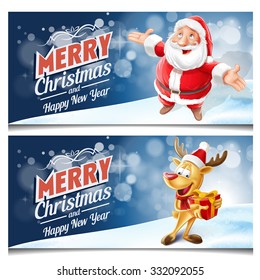 merry Christmas banners  Santa Claus and reindeer