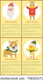 Merry Christmas banners with Santa Claus and animals dressed in knitted scarfs and hats. Vector illustration with festive symbols and congratulations