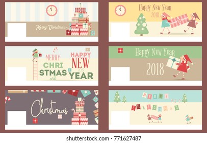 Merry Christmas Banners Set with Cute Xmas Characters. Vector Illustration. Template banner for social network.