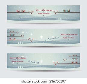 Merry Christmas banners set design with birds, vector illustration