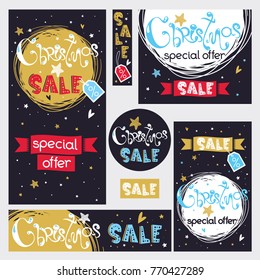 Merry Christmas banners set with hand drawn text. Sale poster. Vector illustration. Discount design. Circle, rectangular, square composition. Horizontal and vertical prints.
