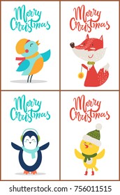 Merry Christmas, banners set representing happy singing birds with hats, fox playing with toy, penguin with scarf and titles on vector illustration