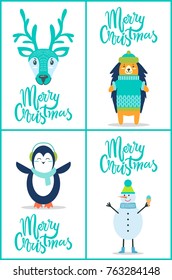 Merry Christmas, banners set representing decorated text in elegant font and images of deer and hedgehog, penguin and snowman on vector illustration