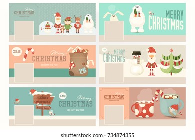 Merry Christmas Banners Set with Santa Claus and Cute Xmas Characters. Vector Illustration. Template banner for social network. 