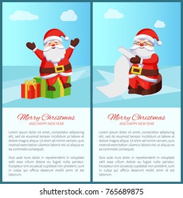 Merry Christmas, banners set with Santa Claus with stretched hands, sitting on presents, winter character reading wishes vector illustration