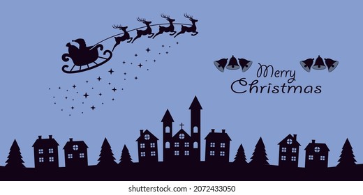 Merry Christmas banners. Silhouette of santa claus riding a sleigh and flying reindeer on Christmas eve background. Design element for holiday decoration poster, greeting card. Vector illustration