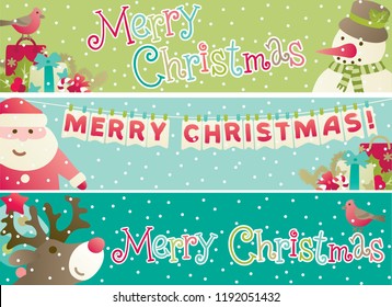 Merry christmas banners for web design. Vector backgrounds with Santa Claus, snowman,   Reindeer, christmas decorations  and hand drawn lettering  text on Festive bunting 