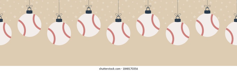 Merry Christmas baseball seamless horizontal pattern. Hang on a thread flat cartoon baseball ball as a Christmas ball on gold horizontal background. Sport Vector illustration.