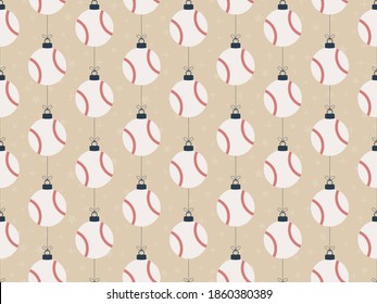 Merry Christmas baseball seamless horizontal pattern. Hang on a thread flat cartoon baseball ball as a Christmas ball on gold horizontal background. Sport Vector illustration.