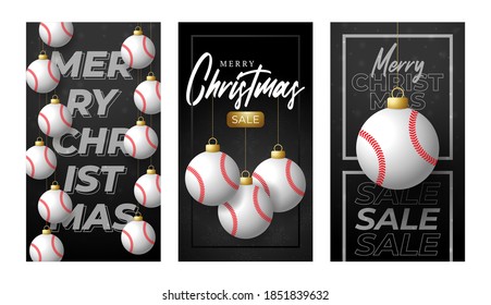 Merry Christmas baseball vertical greeting card. Set of insta story format card with Hang on a thread baseball ball as a Christmas ball on black horizontal background. Sport Vector illustration.