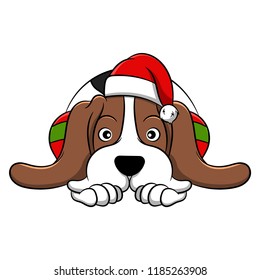 Merry Christmas Basset Hound Cartoon Dog. Vector illustration of purebred Christmas basset hound dog.
