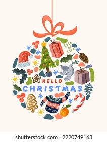 Merry Christmas bauble hand made decoration designs including plants, lights and festive treats! Vector illustration.
