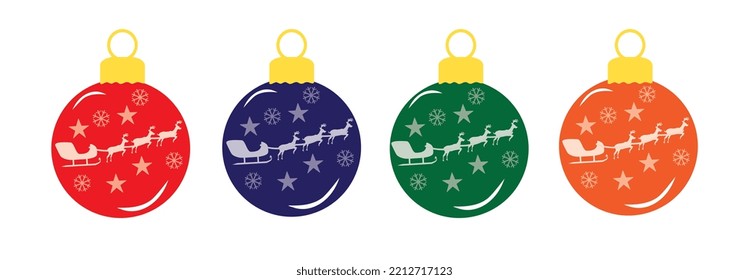 Merry christmas Bauble icon with Snowflake and Santa Claus drives sleigh drawing, Happy New Year symbol