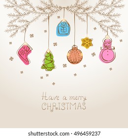 Merry christmas bauble ornaments hanging on a Christmas tree branch.Vector illustration.