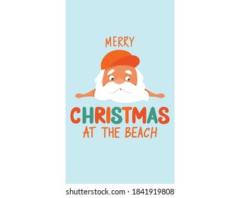 Merry Christmas at the beach. Summer Santa Claus illustration. Tropical Christmas and happy New Year greeting card. Cute vector holidays design.