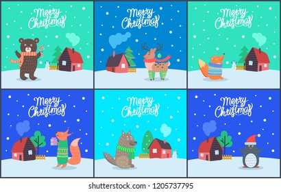 Merry Christmas bear with candy and fox with present set of posters with greeting text vector. Wolf and reindeer, penguin wearing Santa Claus hat