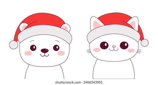 Merry Christmas bear, cat set. Red Santa Claus hat. White polar bear, kitten. Contour line doodle pet. Smiling face. Kawaii animal. Cute cartoon funny character. Flat design. White background. Vector