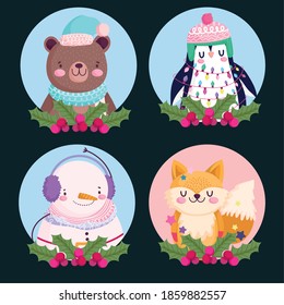 merry christmas, bear penguin snowman and fox holly berry round icons vector illustration