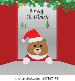 Merry Christmas. A bear in santa claus greeting card. Vector illustration.