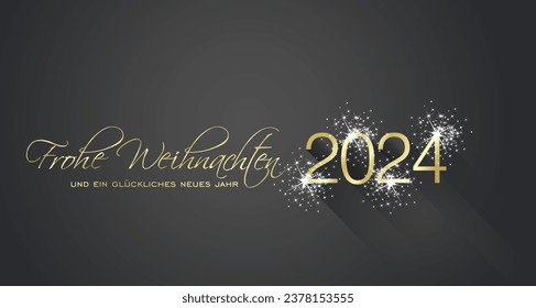 Merry Christmas beautiful calligraphy and happy New Year 2024 German language new shape shining firework gold white black greeting card