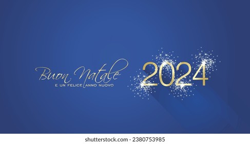 Merry Christmas beautiful calligraphy Happy New Year 2024 Italian language new shape shining firework gold white blue greeting card