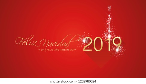 Merry Christmas beautiful calligraphy New Year 2019 Spanish language Feliz Navidad y un Feliz Ano Nuevo gold white red greeting card