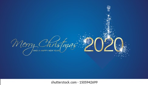 Merry Christmas beautiful calligraphy New Year 2020 firework gold white blue greeting card