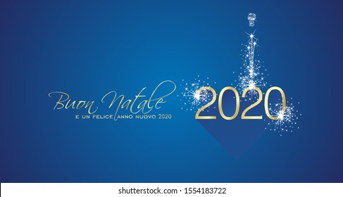 Merry Christmas beautiful calligraphy New Year 2020 Italian language gold white blue greeting card