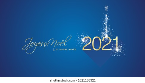 Merry Christmas beautiful calligraphy New Year 2021 Frech language firework gold white blue greeting card