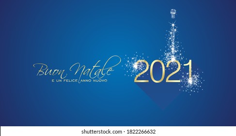 Merry Christmas beautiful calligraphy New Year 2021 Italian language gold white blue greeting card