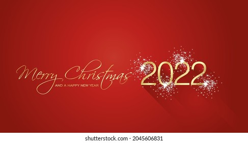 Merry Christmas beautiful calligraphy New Year 2022 new shape shining firework gold white red greeting card
