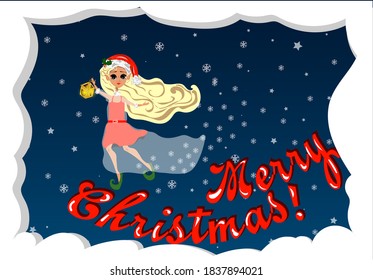 Merry Christmas! Beautiful elf with  lantern. Snow flackes. Vector illustration.