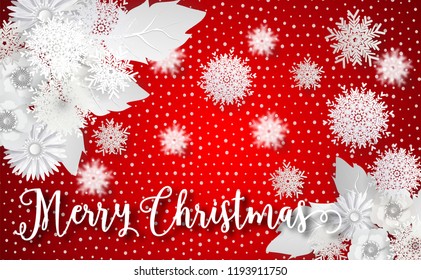 Merry christmas with beautiful flower and snowfall patterned paper cut art and craft style on red color background.for greetings card, flyers, invitation.vector illustration.