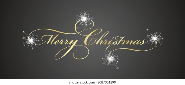 Merry Christmas beautiful golden calligraphy lettering typography sparkle fireworks night black background greeting card