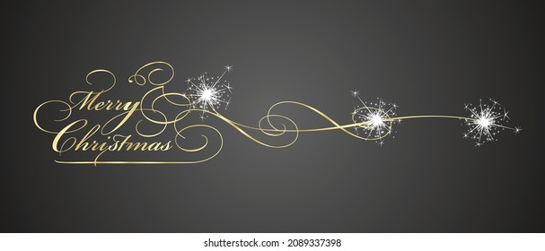 Merry Christmas beautiful golden calligraphy lettering typography white sparkle fireworks abstract Santa Claus and Santas Sleigh ride black background greeting card