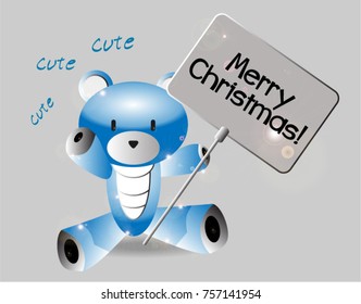 Merry Christmas, Beautiful greeting card poster with blue bear holding sign