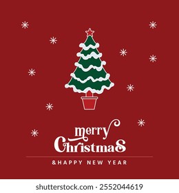 Merry christmas beautiful greeting with line art of pinetree.