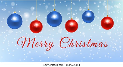 Merry Christmas beautiful greeting postcard or banner with blue and red baubles on the snow background. Winter season ornaments on string. Vector design.