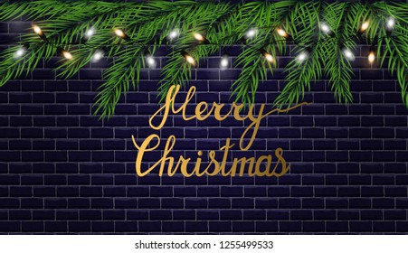 Merry Christmas. Beautiful phrase for your design. Letting.Vector beautiful illustration and background. Christmas background with Christmas tree on a brick wall. Vector illustration.