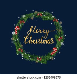 Merry Christmas. Beautiful phrase for your design. Letting.Vector christmas wreath. Beautiful frame for your design. Vector illustration.