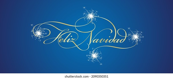 Merry Christmas beautiful Spanish language golden calligraphy lettering typography sparkle fireworks night blue background greeting card