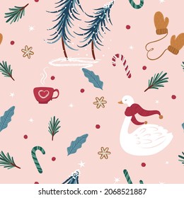 Merry Christmas with beautiful swan and Christmas clip arts  seamless pattern. Holiday cartoon vector. Happy new year background.