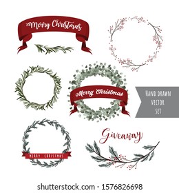 Merry Christmas. Beautiful vector set of decorations, Isolated. Wreathes, ribbons, branches elements.